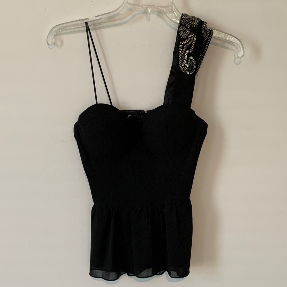 Guess XS Black Women's Top with Embellished Strap one shoulder peplum nwt